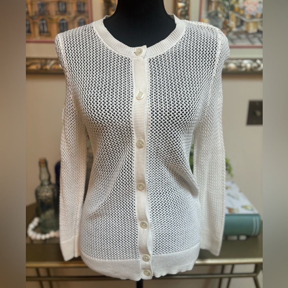 ANN TAYLOR White Button-Up Textured Open Knit Mesh Nautical Cardigan Size M-L - Picture 7 of 7